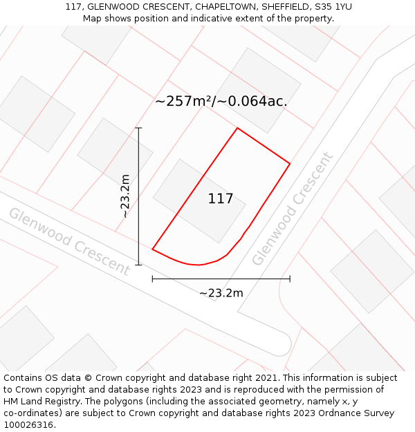 117, GLENWOOD CRESCENT, CHAPELTOWN, SHEFFIELD, S35 1YU: Plot and title map