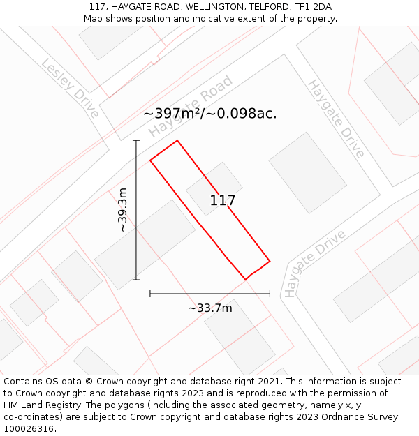 117, HAYGATE ROAD, WELLINGTON, TELFORD, TF1 2DA: Plot and title map