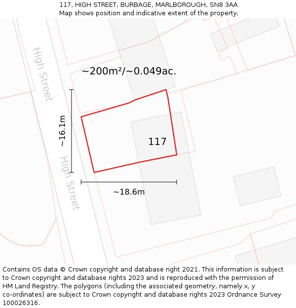 117, HIGH STREET, BURBAGE, MARLBOROUGH, SN8 3AA: Plot and title map