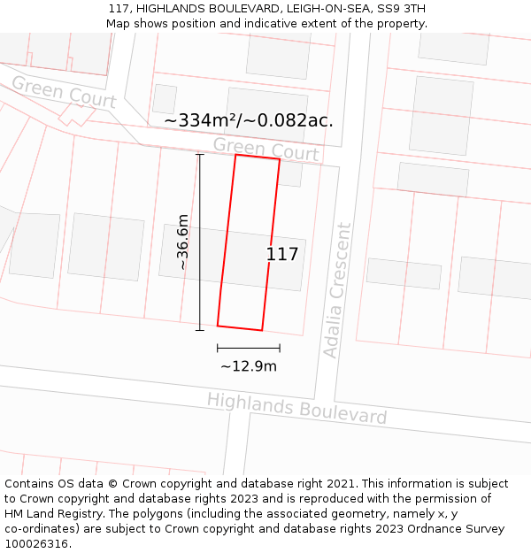 117, HIGHLANDS BOULEVARD, LEIGH-ON-SEA, SS9 3TH: Plot and title map