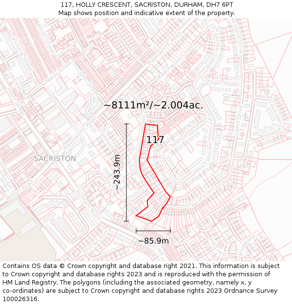 117, HOLLY CRESCENT, SACRISTON, DURHAM, DH7 6PT: Plot and title map