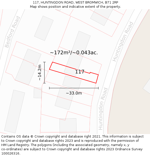 117, HUNTINGDON ROAD, WEST BROMWICH, B71 2RP: Plot and title map