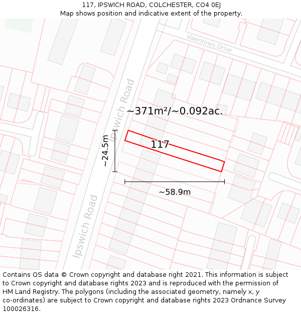 117, IPSWICH ROAD, COLCHESTER, CO4 0EJ: Plot and title map