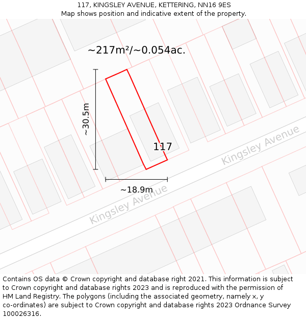 117, KINGSLEY AVENUE, KETTERING, NN16 9ES: Plot and title map