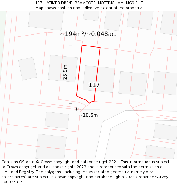 117, LATIMER DRIVE, BRAMCOTE, NOTTINGHAM, NG9 3HT: Plot and title map