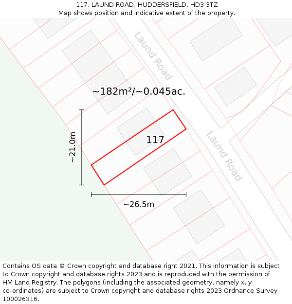 117, LAUND ROAD, HUDDERSFIELD, HD3 3TZ: Plot and title map