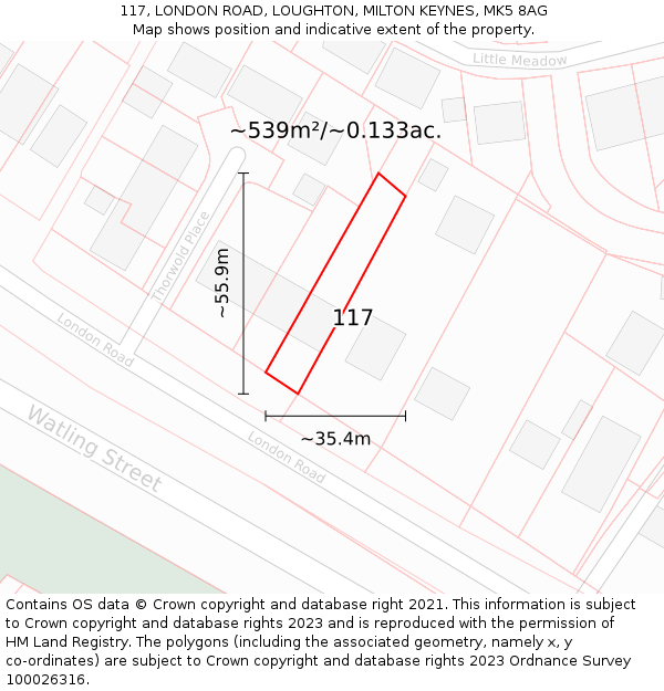 117, LONDON ROAD, LOUGHTON, MILTON KEYNES, MK5 8AG: Plot and title map