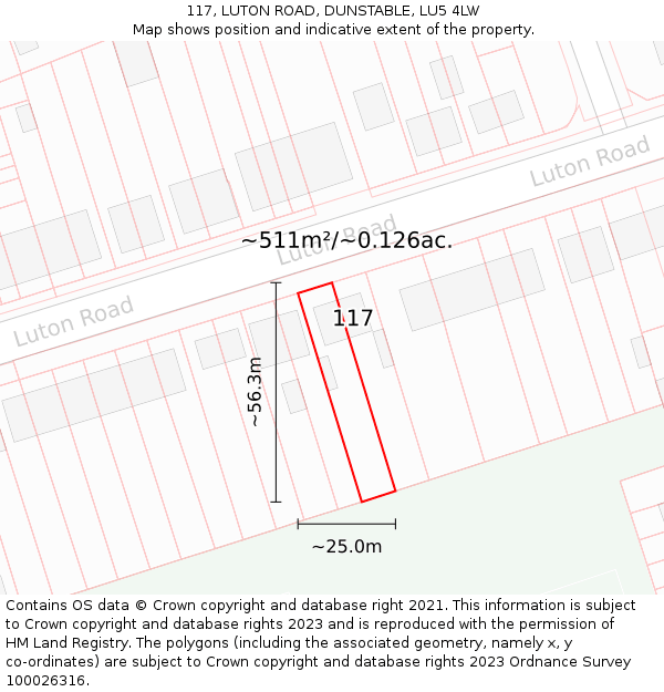 117, LUTON ROAD, DUNSTABLE, LU5 4LW: Plot and title map