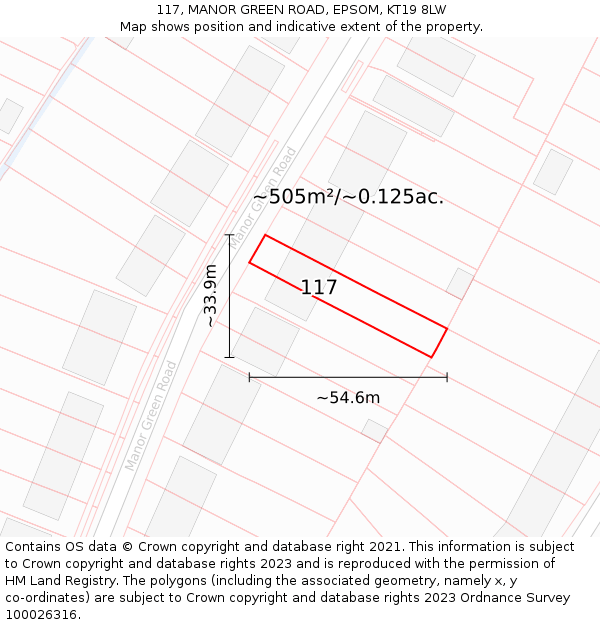 117, MANOR GREEN ROAD, EPSOM, KT19 8LW: Plot and title map