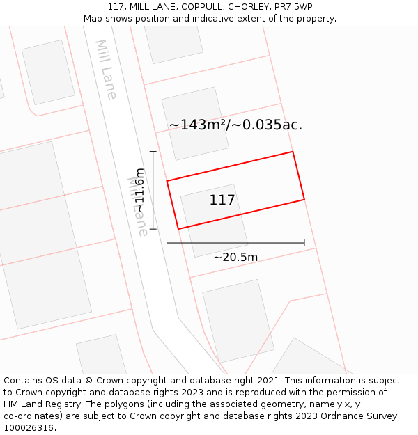 117, MILL LANE, COPPULL, CHORLEY, PR7 5WP: Plot and title map