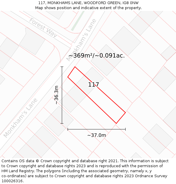 117, MONKHAMS LANE, WOODFORD GREEN, IG8 0NW: Plot and title map