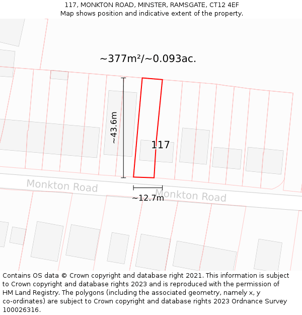 117, MONKTON ROAD, MINSTER, RAMSGATE, CT12 4EF: Plot and title map
