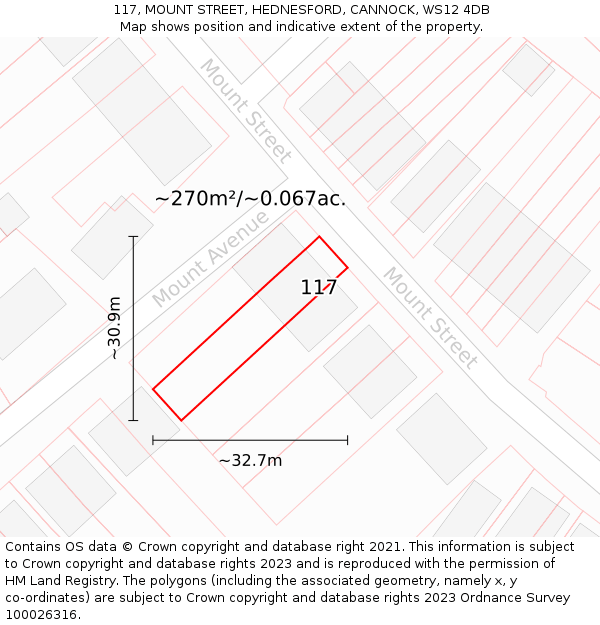 117, MOUNT STREET, HEDNESFORD, CANNOCK, WS12 4DB: Plot and title map
