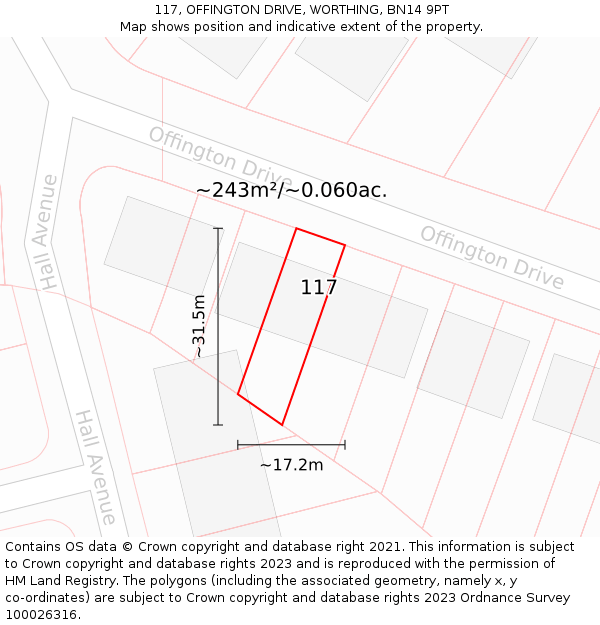 117, OFFINGTON DRIVE, WORTHING, BN14 9PT: Plot and title map