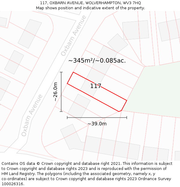 117, OXBARN AVENUE, WOLVERHAMPTON, WV3 7HQ: Plot and title map