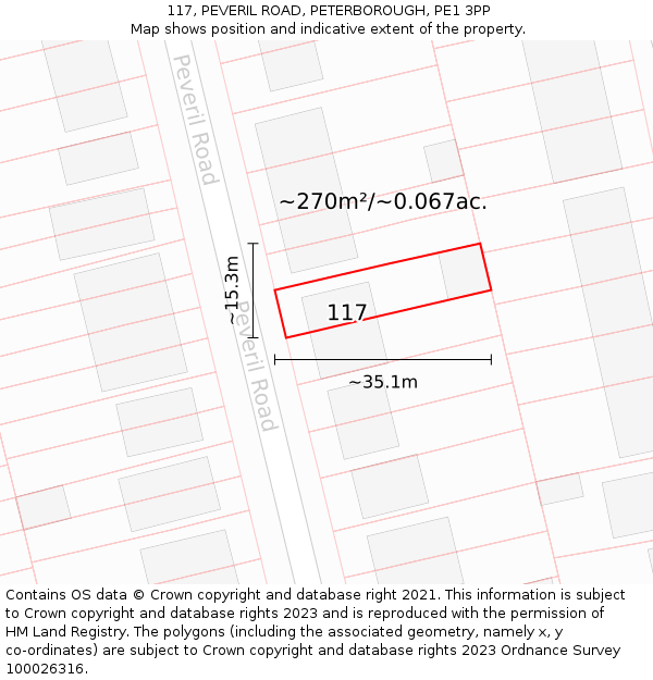 117, PEVERIL ROAD, PETERBOROUGH, PE1 3PP: Plot and title map