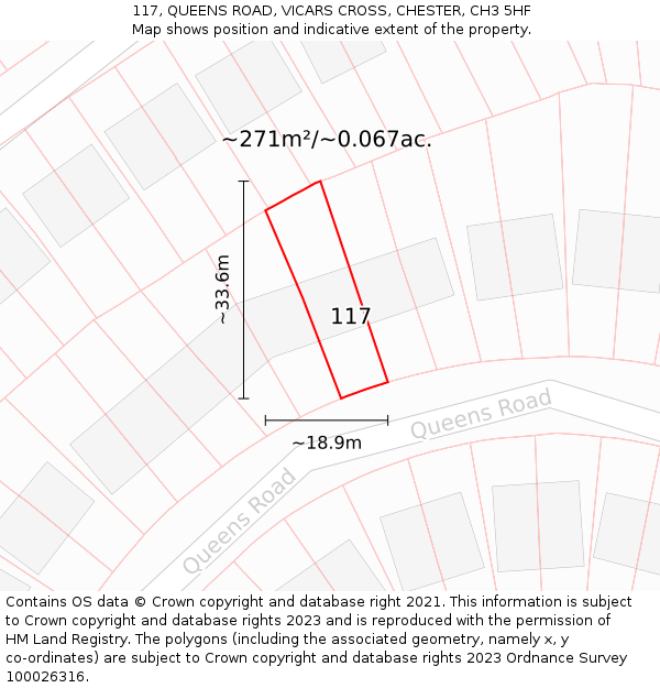 117, QUEENS ROAD, VICARS CROSS, CHESTER, CH3 5HF: Plot and title map