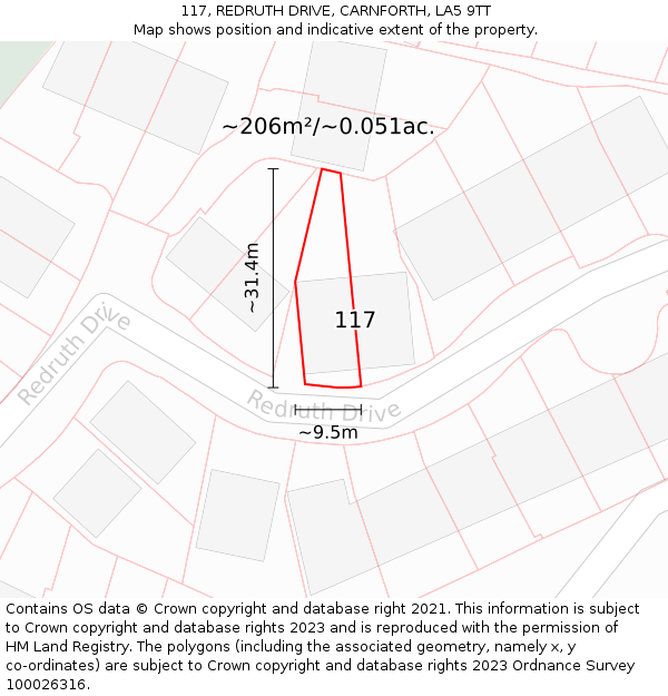 117, REDRUTH DRIVE, CARNFORTH, LA5 9TT: Plot and title map