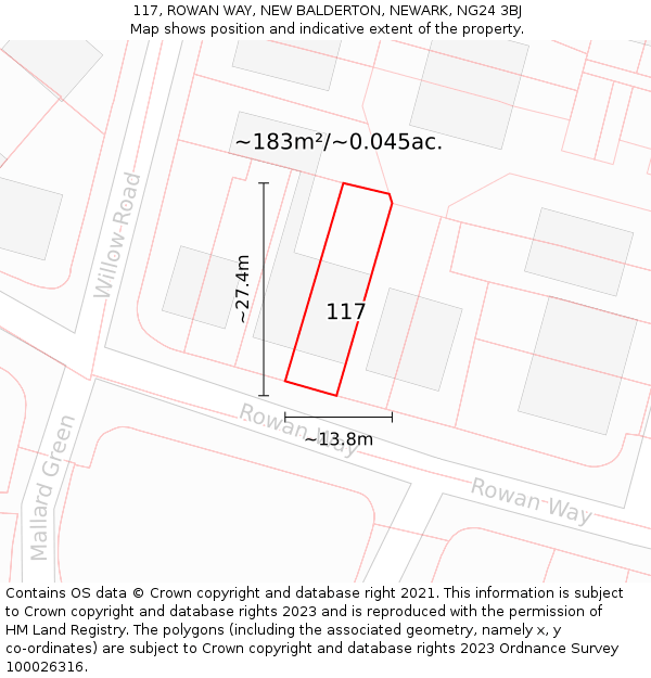 117, ROWAN WAY, NEW BALDERTON, NEWARK, NG24 3BJ: Plot and title map
