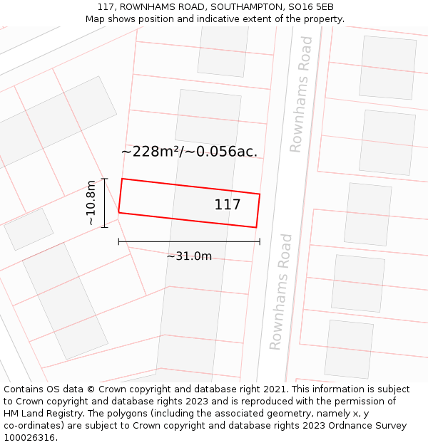117, ROWNHAMS ROAD, SOUTHAMPTON, SO16 5EB: Plot and title map