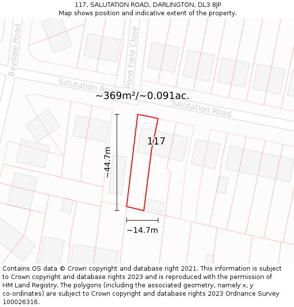 117, SALUTATION ROAD, DARLINGTON, DL3 8JP: Plot and title map