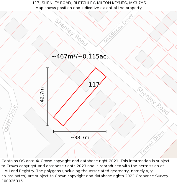 117, SHENLEY ROAD, BLETCHLEY, MILTON KEYNES, MK3 7AS: Plot and title map