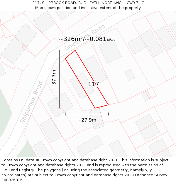 117, SHIPBROOK ROAD, RUDHEATH, NORTHWICH, CW9 7HG: Plot and title map