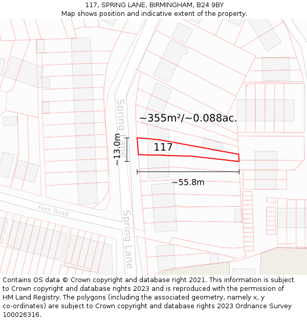 117, SPRING LANE, BIRMINGHAM, B24 9BY: Plot and title map