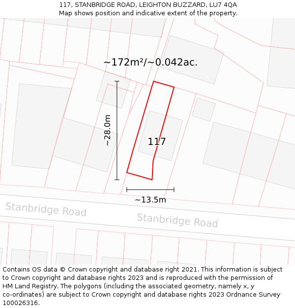 117, STANBRIDGE ROAD, LEIGHTON BUZZARD, LU7 4QA: Plot and title map