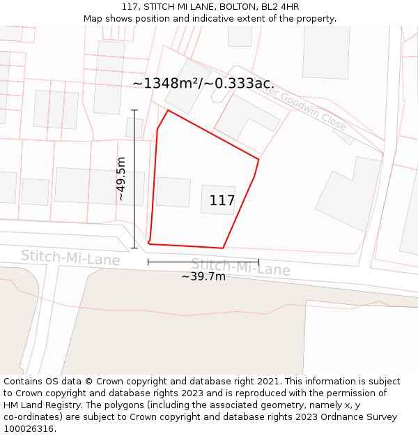 117, STITCH MI LANE, BOLTON, BL2 4HR: Plot and title map