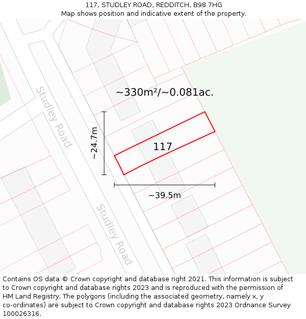 117, STUDLEY ROAD, REDDITCH, B98 7HG: Plot and title map