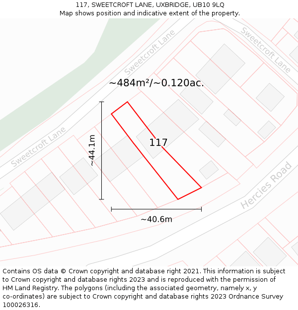 117, SWEETCROFT LANE, UXBRIDGE, UB10 9LQ: Plot and title map