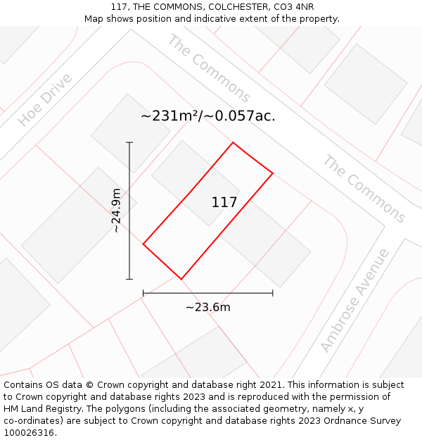117, THE COMMONS, COLCHESTER, CO3 4NR: Plot and title map