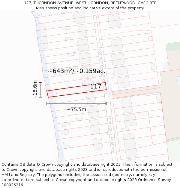 117, THORNDON AVENUE, WEST HORNDON, BRENTWOOD, CM13 3TR: Plot and title map