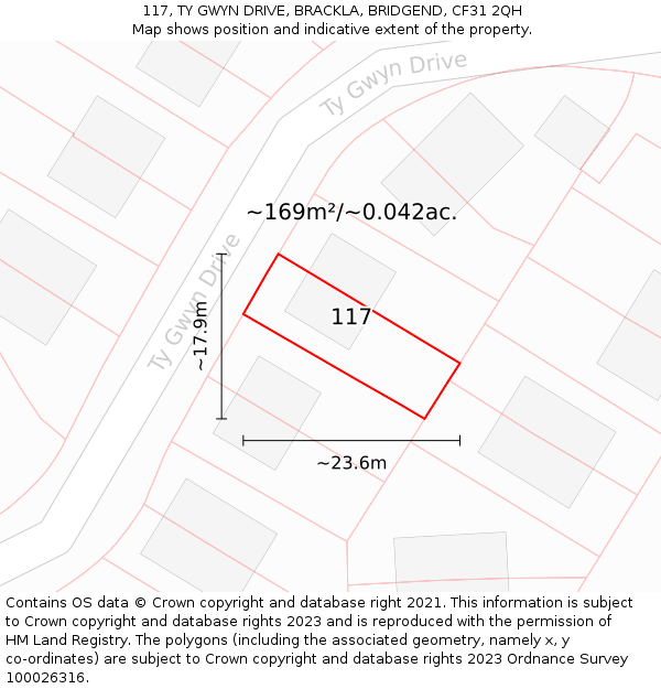 117, TY GWYN DRIVE, BRACKLA, BRIDGEND, CF31 2QH: Plot and title map