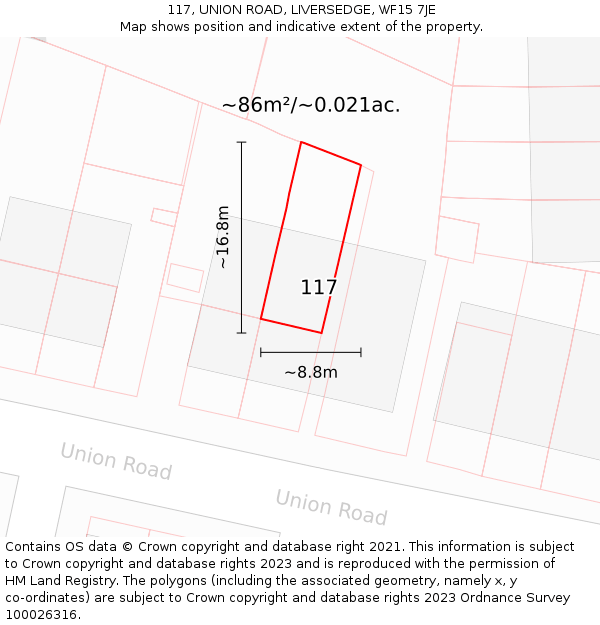 117, UNION ROAD, LIVERSEDGE, WF15 7JE: Plot and title map