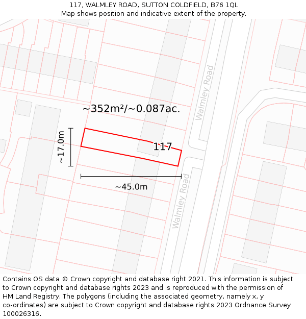 117, WALMLEY ROAD, SUTTON COLDFIELD, B76 1QL: Plot and title map