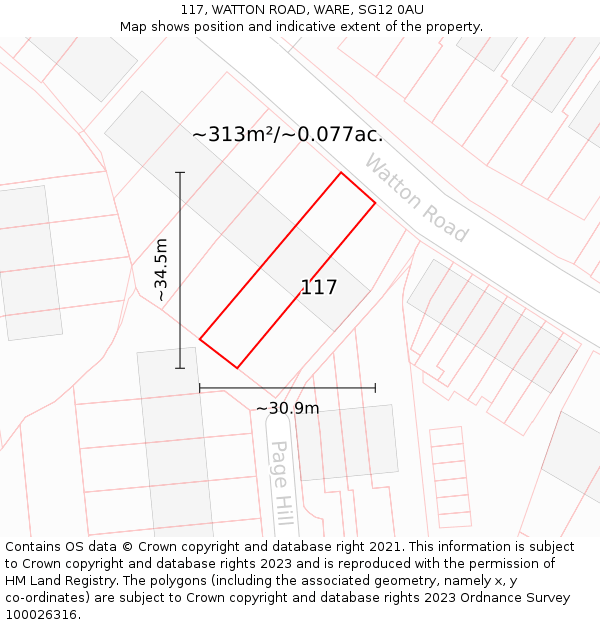 117, WATTON ROAD, WARE, SG12 0AU: Plot and title map