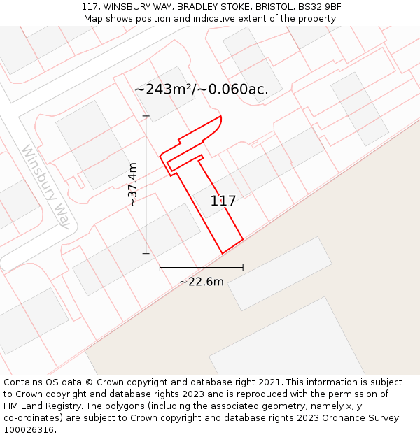 117, WINSBURY WAY, BRADLEY STOKE, BRISTOL, BS32 9BF: Plot and title map