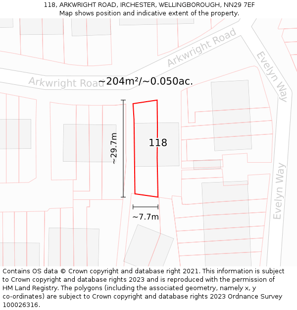 118, ARKWRIGHT ROAD, IRCHESTER, WELLINGBOROUGH, NN29 7EF: Plot and title map