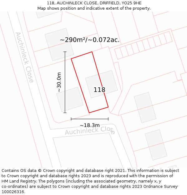 118, AUCHINLECK CLOSE, DRIFFIELD, YO25 9HE: Plot and title map