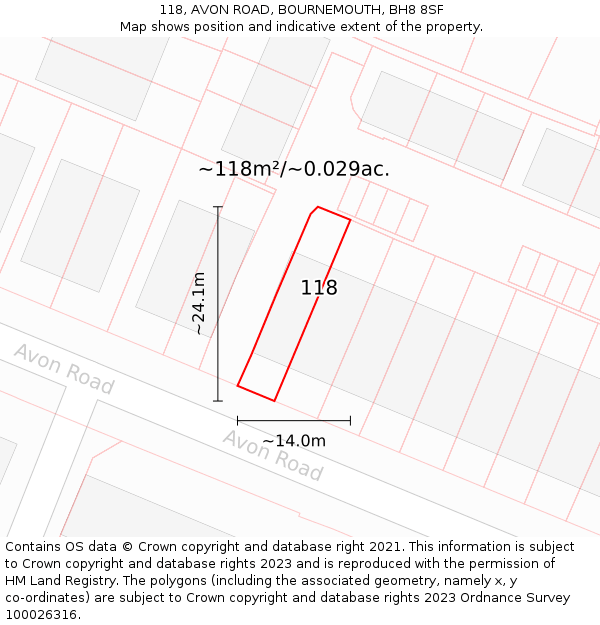118, AVON ROAD, BOURNEMOUTH, BH8 8SF: Plot and title map