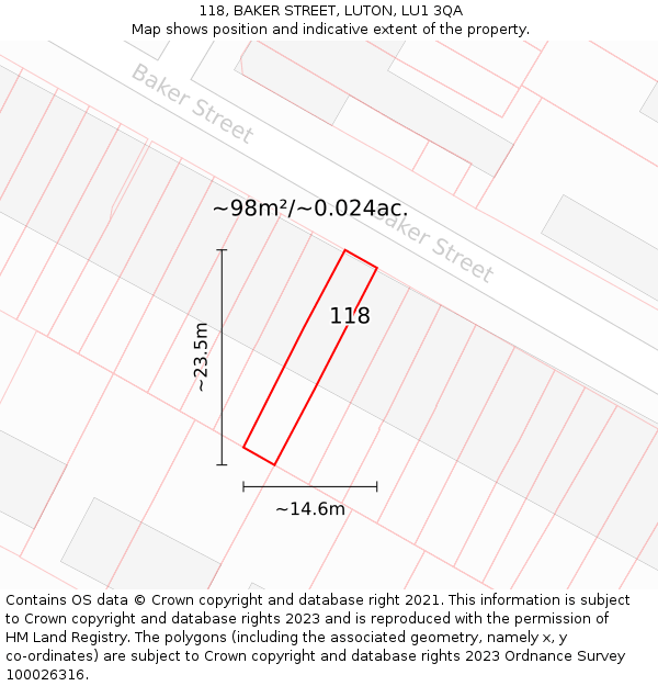 118, BAKER STREET, LUTON, LU1 3QA: Plot and title map