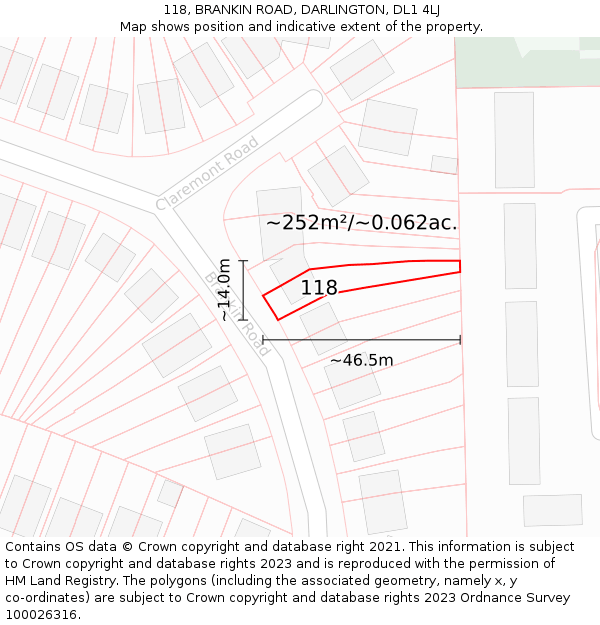 118, BRANKIN ROAD, DARLINGTON, DL1 4LJ: Plot and title map