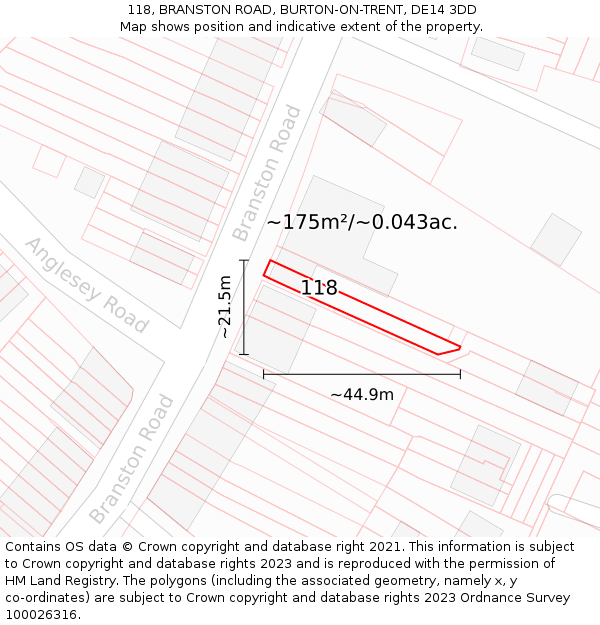 118, BRANSTON ROAD, BURTON-ON-TRENT, DE14 3DD: Plot and title map