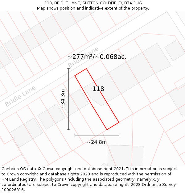 118, BRIDLE LANE, SUTTON COLDFIELD, B74 3HG: Plot and title map