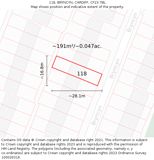 118, BRYNCYN, CARDIFF, CF23 7BL: Plot and title map