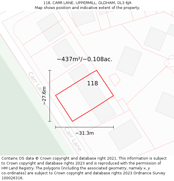 118, CARR LANE, UPPERMILL, OLDHAM, OL3 6JA: Plot and title map
