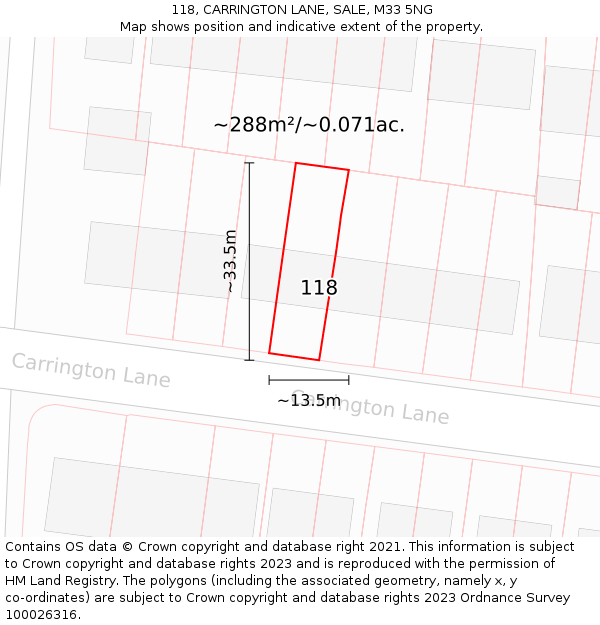 118, CARRINGTON LANE, SALE, M33 5NG: Plot and title map