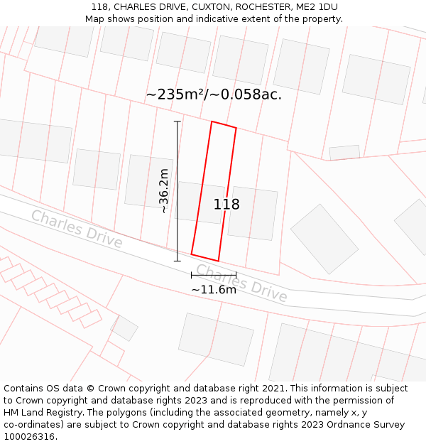 118, CHARLES DRIVE, CUXTON, ROCHESTER, ME2 1DU: Plot and title map